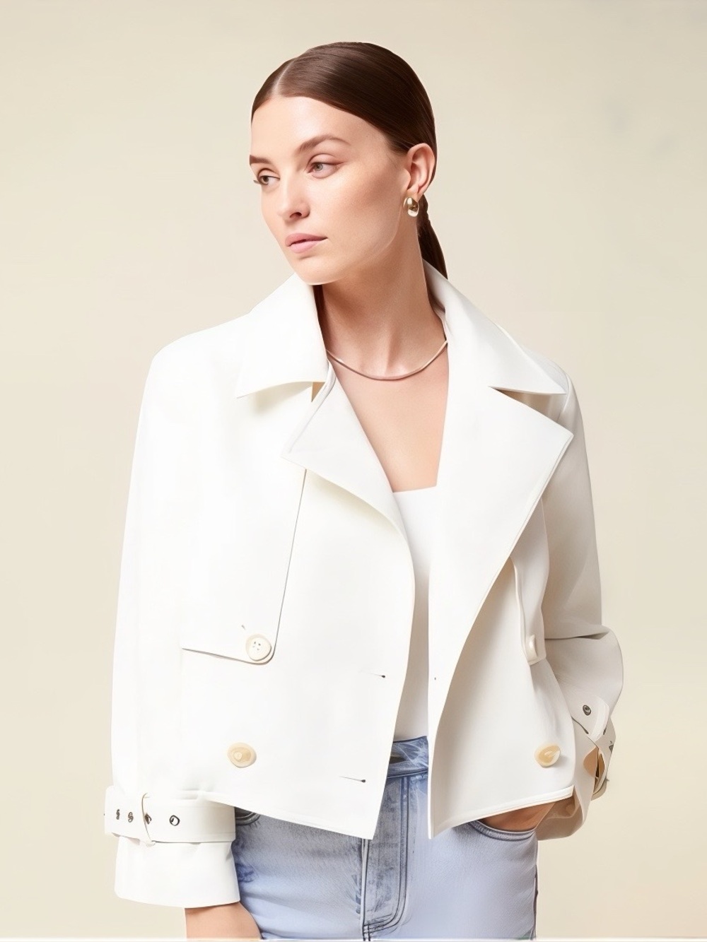 Rachel Parcell Cropped Vegan Leather Trench Jacket Ivory Women’s Size Large NWT